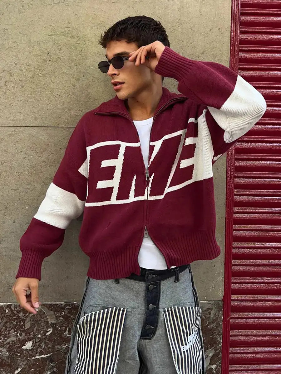 Street Harajuku Oversized Men’s Sweater Women Winter Warm Letter Splicing Embroidered Cardigan Y2K Simple Zip Cardigan Clothing