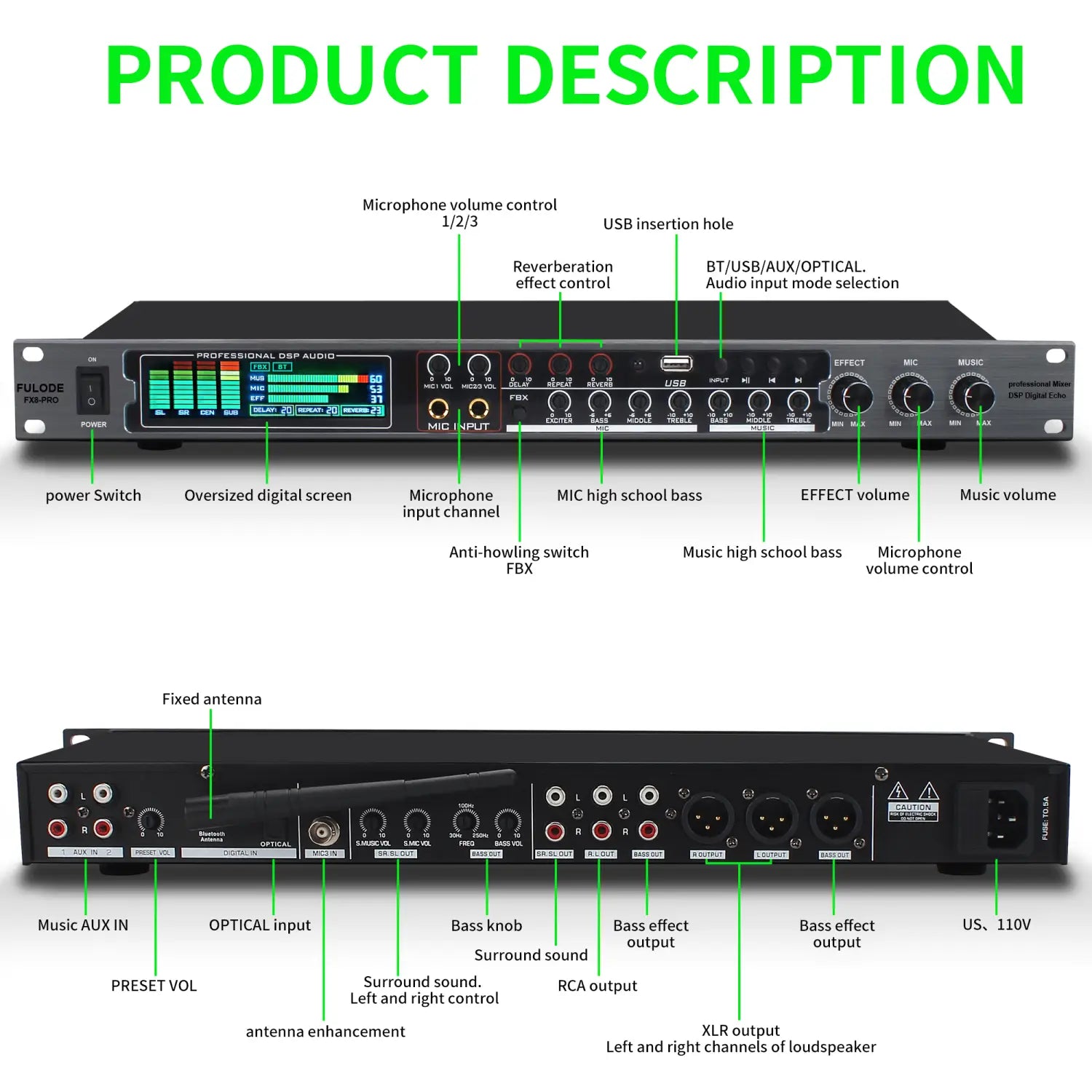 FULUODE FX8-PRO Professional KTV Wireless Microphone Digital Pre-Stage Effector Karaoke Sound Audio Effect System