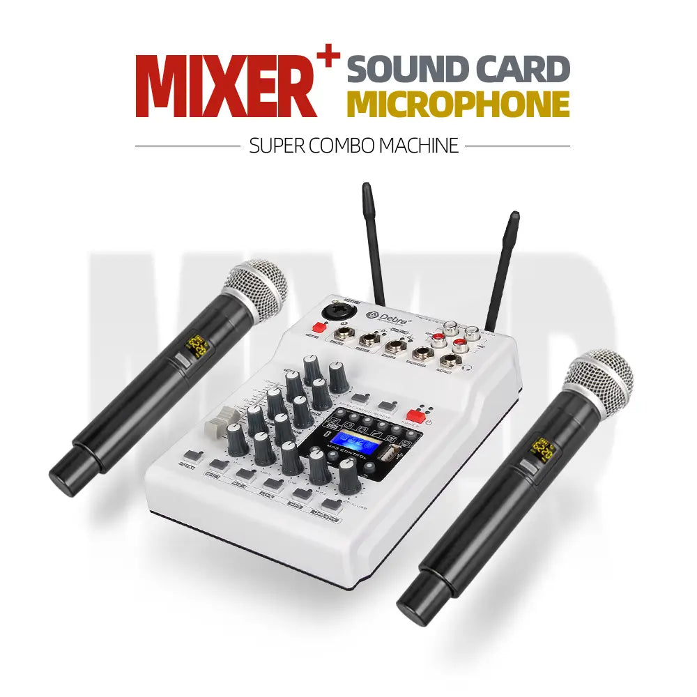 Debra Audio Sound card DJ Console Mixer With 2 Channel UHF Wireless Microphone For Home PC Recording DJ Network Live Karaoke