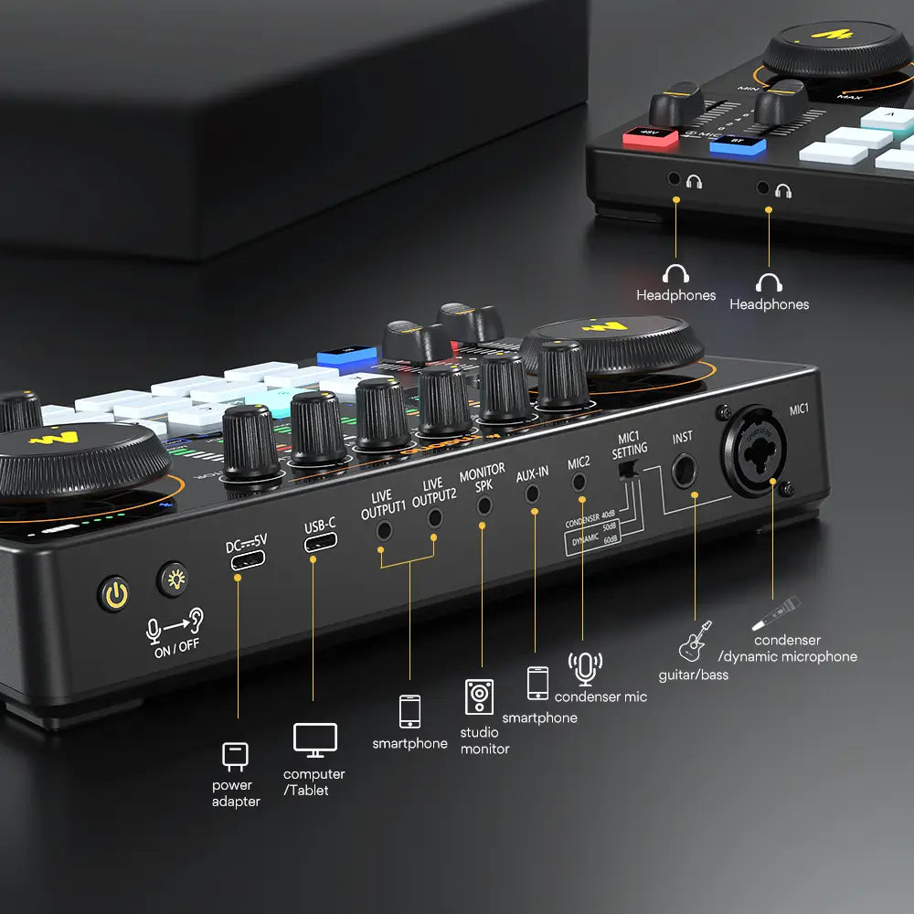 maono AME2 Audio Interface Sound Card DJ Mixer All in One Portable Podcast Studio for Recording,Live Streaming,Youtube,Guitar,PC