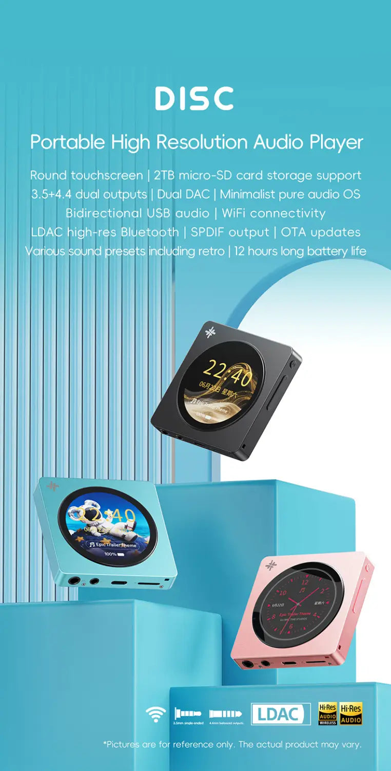 FIIO DISC Portable HiFi Music Player Dual DAC Player with 3.5mm & 4.4mm Outputs Bluetooth 5.4 LDAC Round Touchscreen