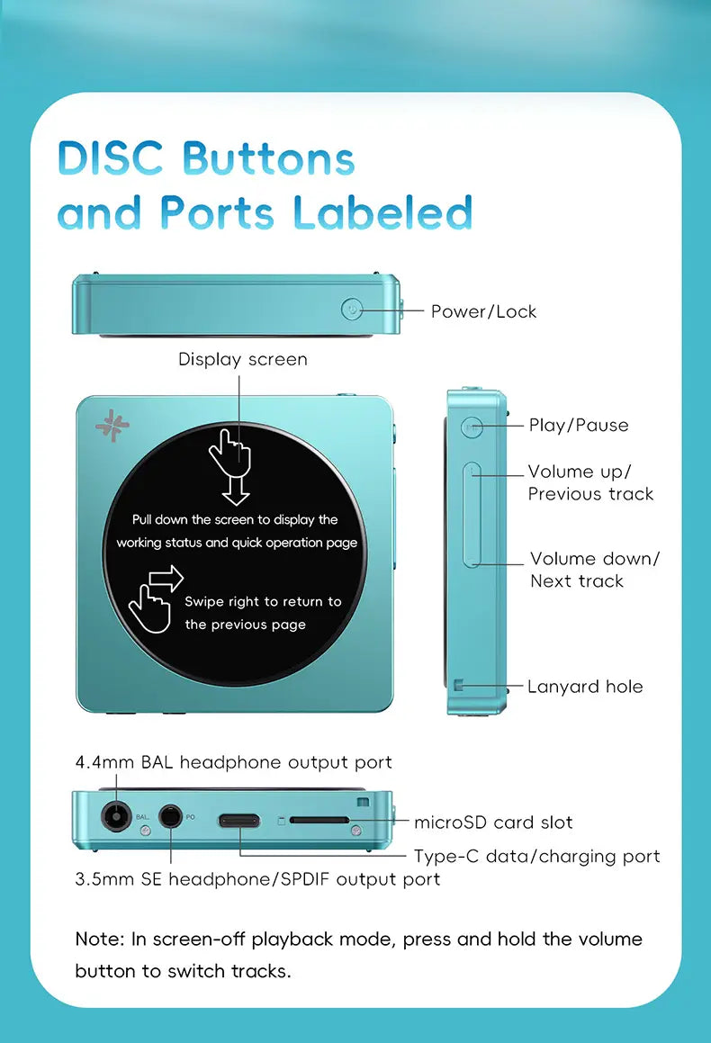 FIIO DISC Portable HiFi Music Player Dual DAC Player with 3.5mm & 4.4mm Outputs Bluetooth 5.4 LDAC Round Touchscreen