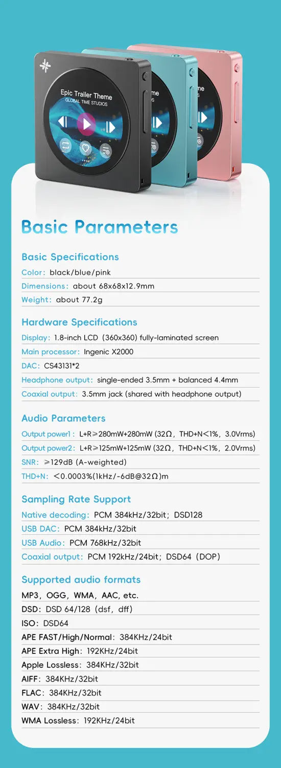 FIIO DISC Portable HiFi Music Player Dual DAC Player with 3.5mm & 4.4mm Outputs Bluetooth 5.4 LDAC Round Touchscreen