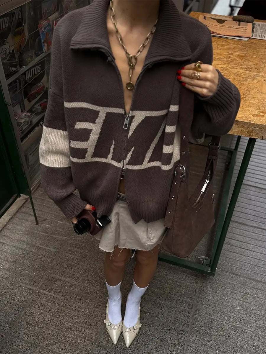 Street Harajuku Oversized Men’s Sweater Women Winter Warm Letter Splicing Embroidered Cardigan Y2K Simple Zip Cardigan Clothing