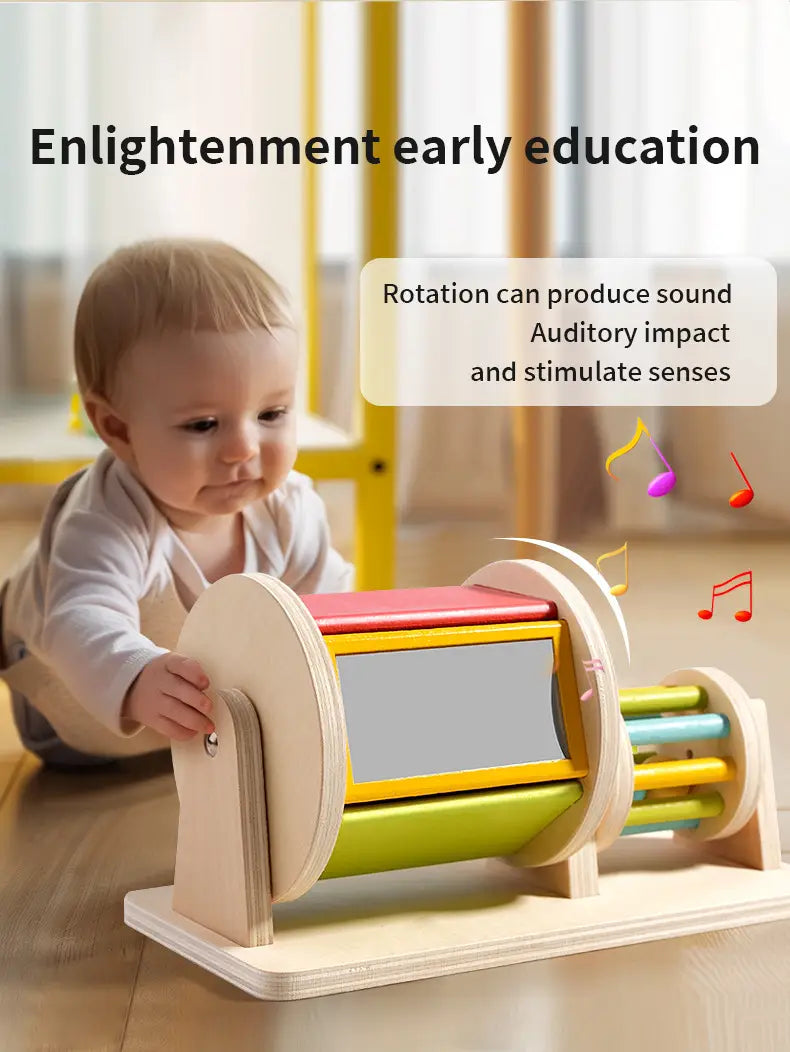 Wooden Montessori Toys Color Rolling Drum Toy Mirror Spinning Puzzle Toy Baby Sensory Early Education Toys Todders Birthday Gift