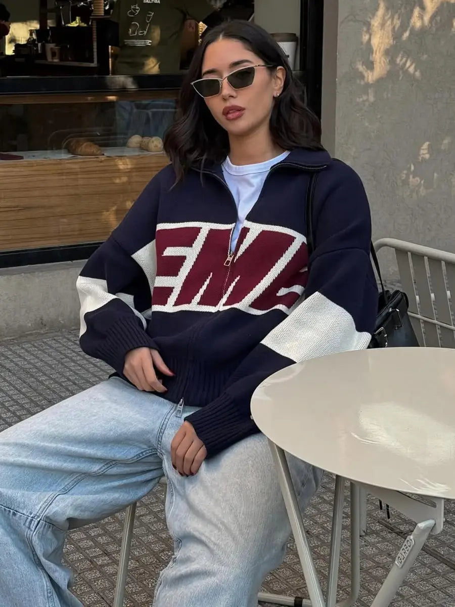 Street Harajuku Oversized Men’s Sweater Women Winter Warm Letter Splicing Embroidered Cardigan Y2K Simple Zip Cardigan Clothing
