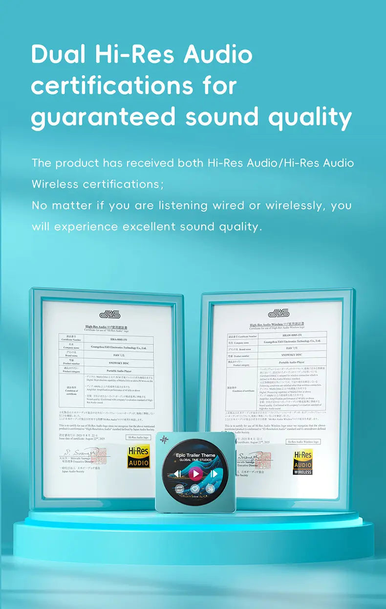FIIO DISC Portable HiFi Music Player Dual DAC Player with 3.5mm & 4.4mm Outputs Bluetooth 5.4 LDAC Round Touchscreen