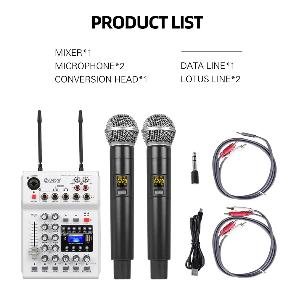 Debra Audio Sound card DJ Console Mixer With 2 Channel UHF Wireless Microphone For Home PC Recording DJ Network Live Karaoke