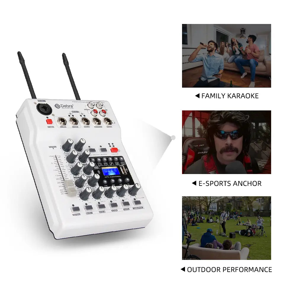 Debra Audio Sound card DJ Console Mixer With 2 Channel UHF Wireless Microphone For Home PC Recording DJ Network Live Karaoke