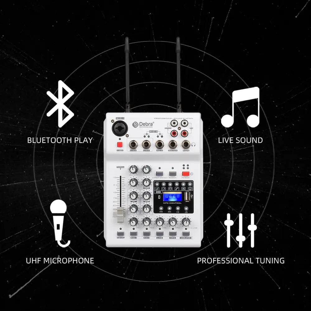 Debra Audio Sound card DJ Console Mixer With 2 Channel UHF Wireless Microphone For Home PC Recording DJ Network Live Karaoke