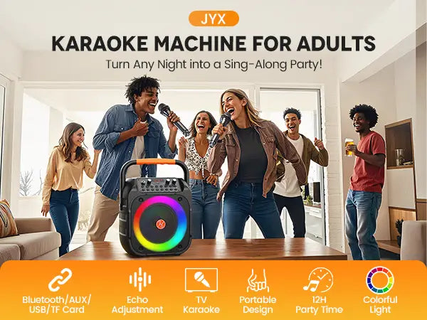 T26 Karaoke Machine for Adults Portable Bluetooth Karaoke with 2 Wireless Microphones Echo Adjustment LED Lights