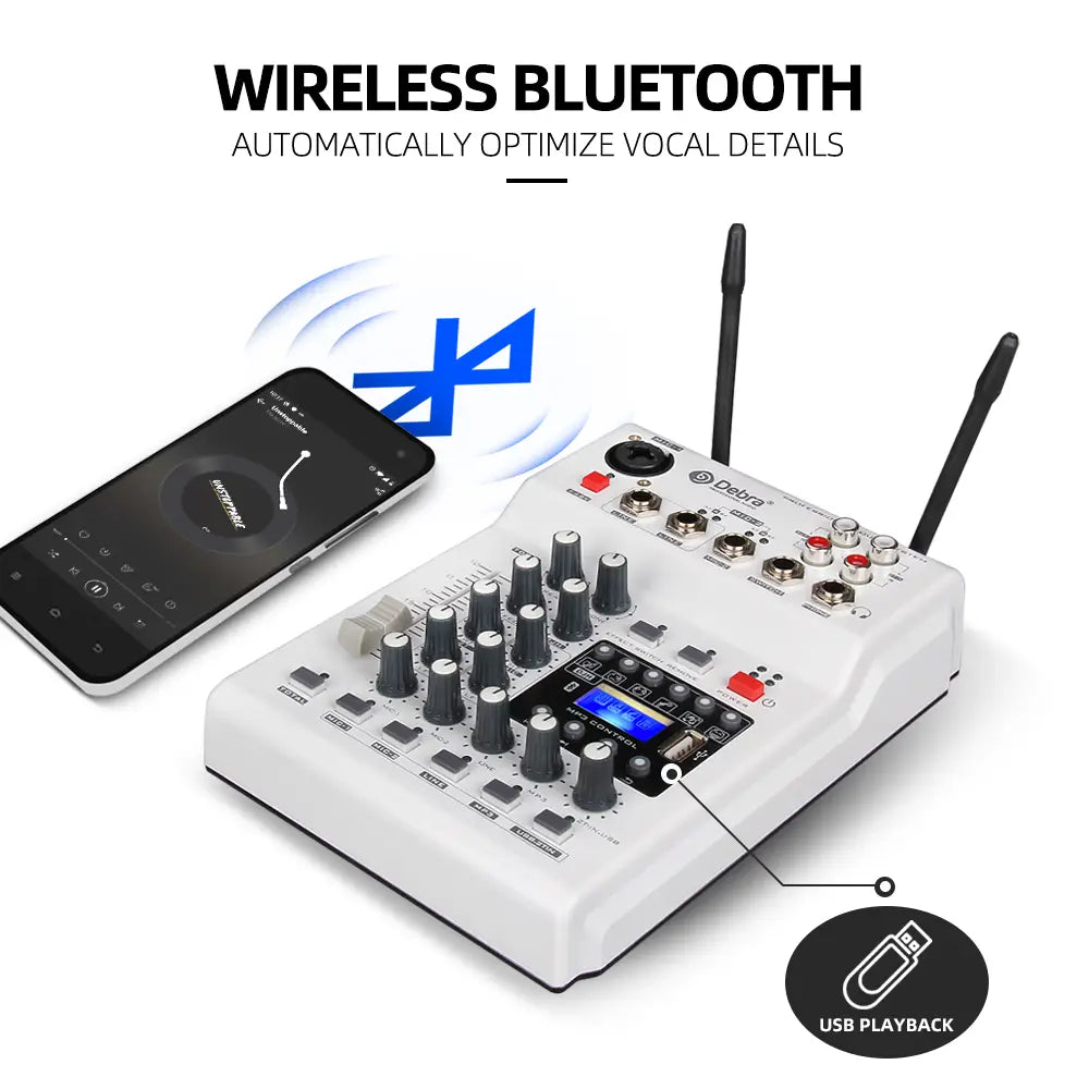 Debra Audio Sound card DJ Console Mixer With 2 Channel UHF Wireless Microphone For Home PC Recording DJ Network Live Karaoke