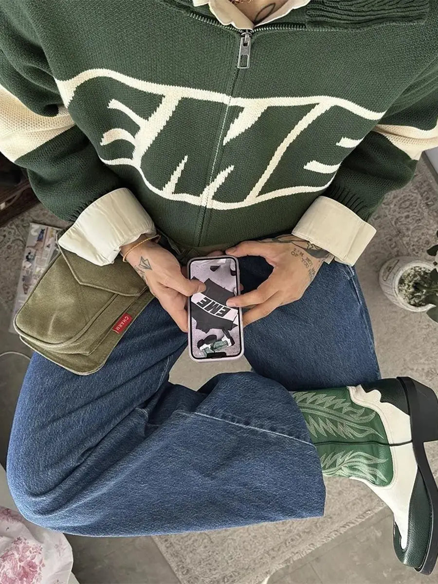 Street Harajuku Oversized Men’s Sweater Women Winter Warm Letter Splicing Embroidered Cardigan Y2K Simple Zip Cardigan Clothing