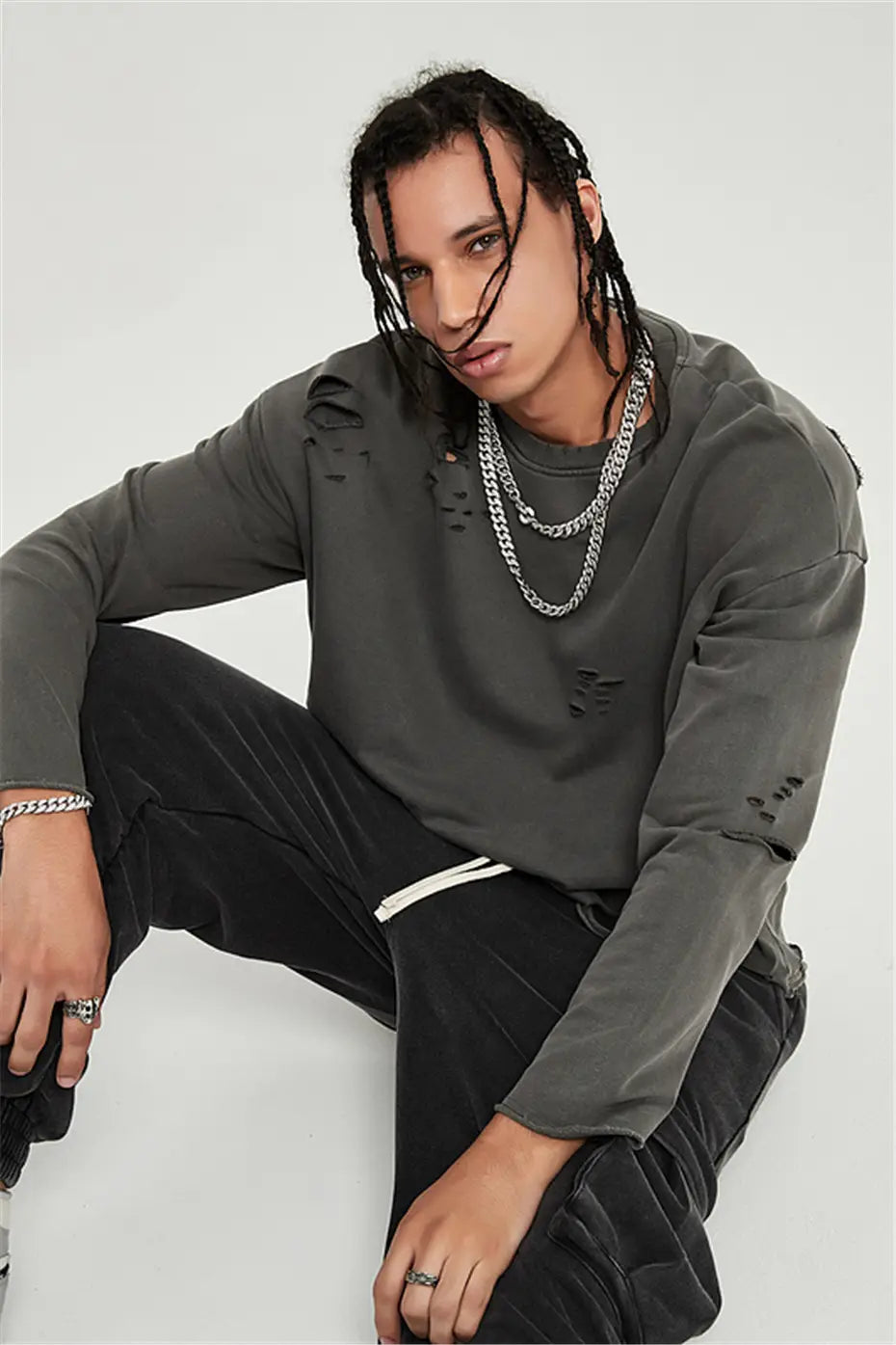 Hip Hop Streetwear Vintage Sweatshirt 2026 Autumn Creative Distressed Destroyed Ripped Holes Pullover Cotton Tops Loose
