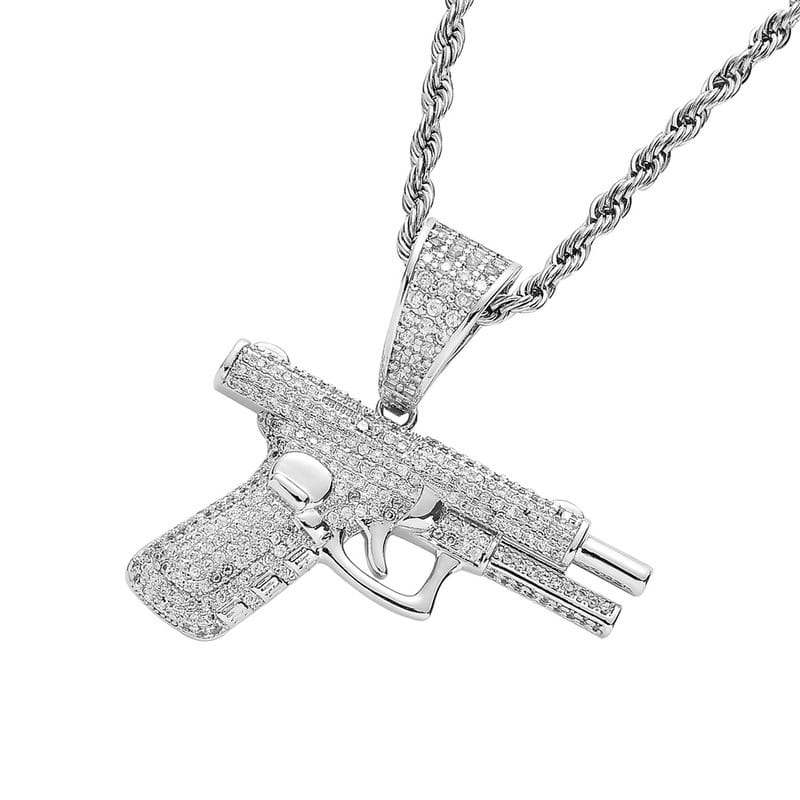 Hip Hop Rock Rhinestone Inlaid Gun Pendant Necklace Rapper Necklace Rope Chain Jewelry