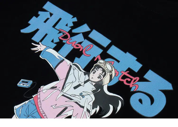 Hip Hop Cartoon Girl Cat Japanese Kanji Print T Shirt Streetwear Harajuku T-Shirt 2025 Men Summer Short Sleeve Tshirt Tops Tees