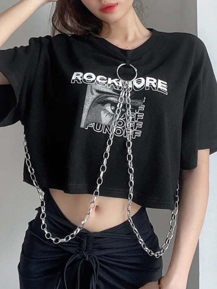 Hip-hop Black Tops with Chain Women Harajuke Loose Print T-shirt Female Streetwear O-neck Short Sleeved Cropped Top Dance 2025
