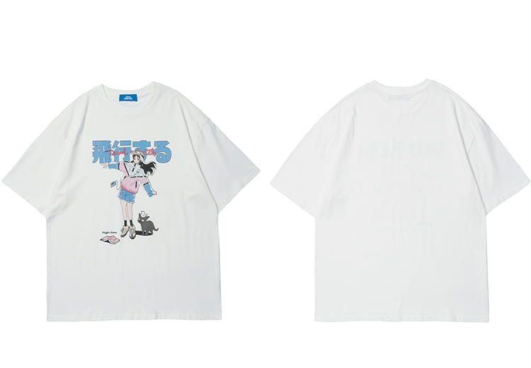 Hip Hop Cartoon Girl Cat Japanese Kanji Print T Shirt Streetwear Harajuku T-Shirt 2025 Men Summer Short Sleeve Tshirt Tops Tees