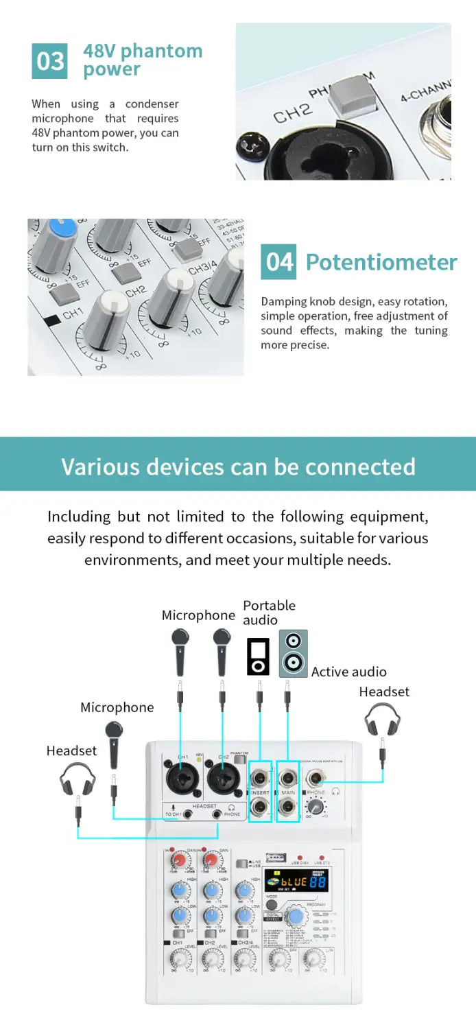 Manchez E4 E7 Mini 4 6 A4 A6 Channel Sound Card Mixer USB Console DJ Karaoke Smartphone Professional Computer Recording 48V DJ