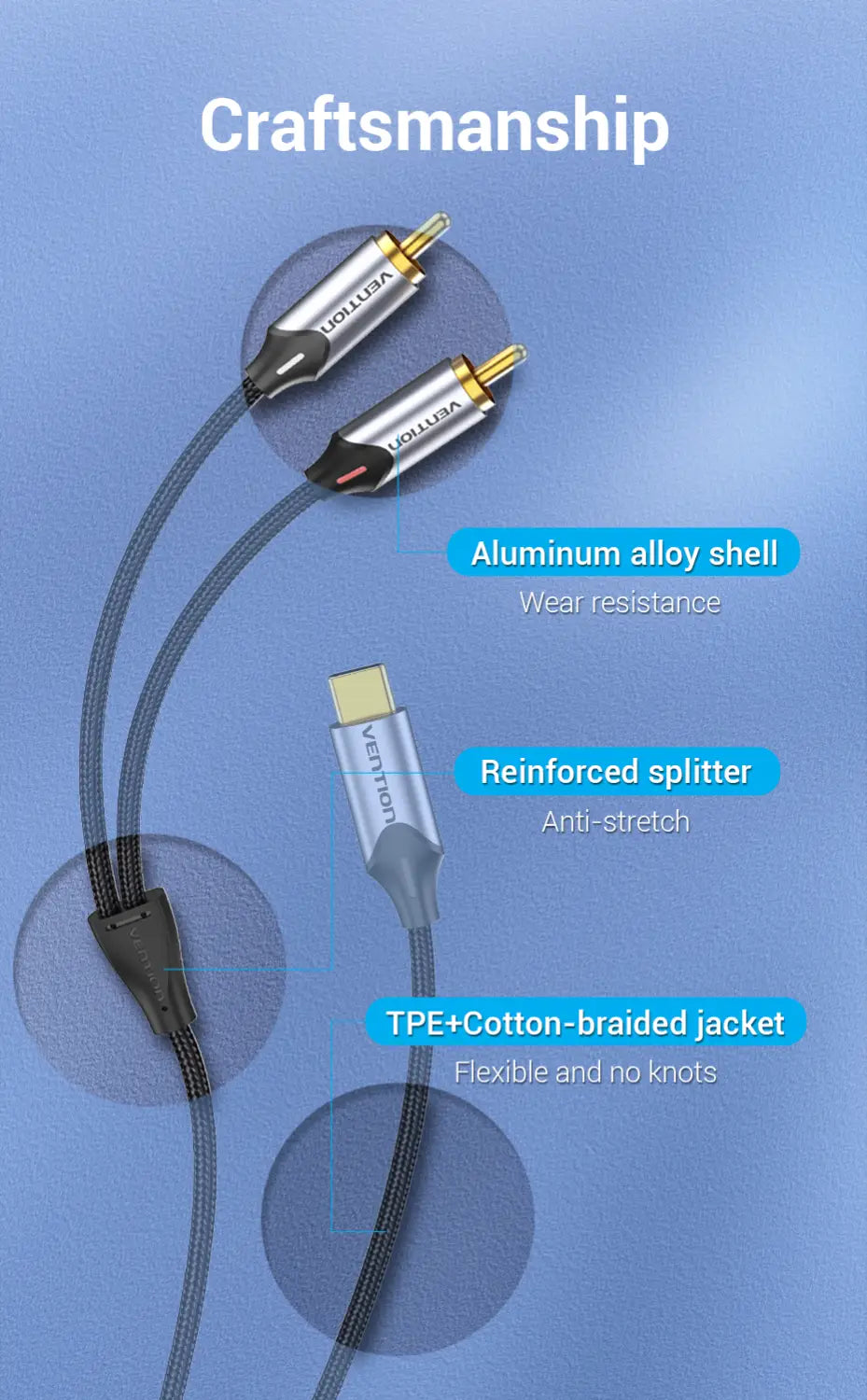 Vention USB C to RCA Audio Cable Type C to 2 RCA Cable for Speaker Amplifier Huawei Xiaomi Laptop 1m 2m 3m USB C Splitter RCA Y
