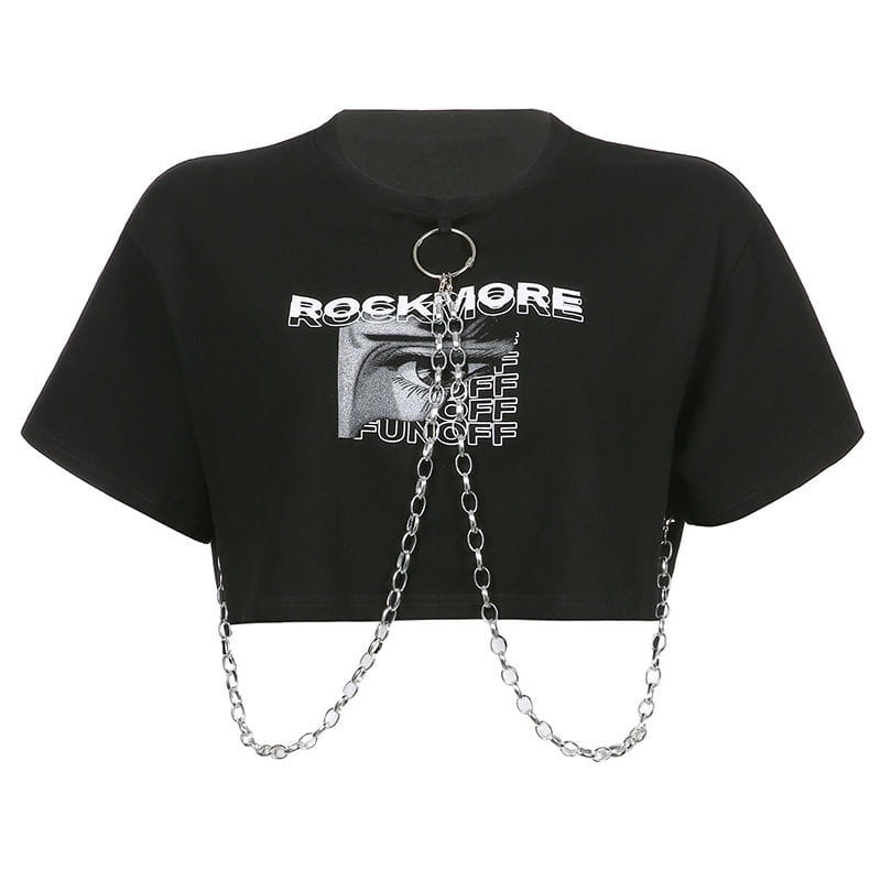 Hip-hop Black Tops with Chain Women Harajuke Loose Print T-shirt Female Streetwear O-neck Short Sleeved Cropped Top Dance 2025