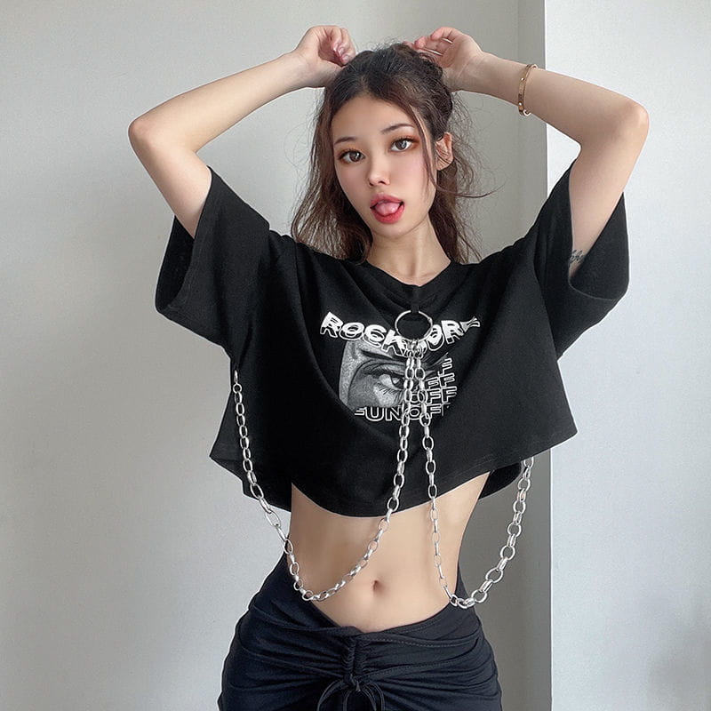 Hip-hop Black Tops with Chain Women Harajuke Loose Print T-shirt Female Streetwear O-neck Short Sleeved Cropped Top Dance 2025