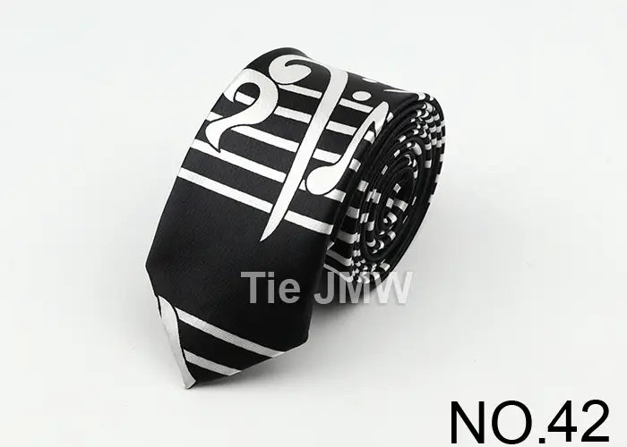 Classic Fashion Men’s Skinny Tie Colorful Musical Notes Printed Piano Guitar Polyester 5cm Width Necktie Party Gift Accessory