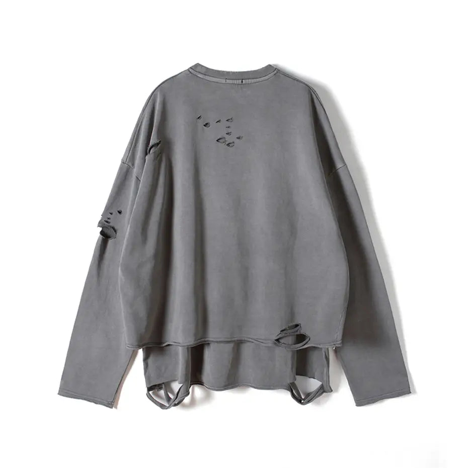 Hip Hop Streetwear Vintage Sweatshirt 2026 Autumn Creative Distressed Destroyed Ripped Holes Pullover Cotton Tops Loose