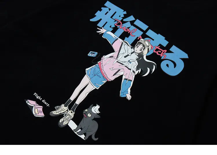Hip Hop Cartoon Girl Cat Japanese Kanji Print T Shirt Streetwear Harajuku T-Shirt 2025 Men Summer Short Sleeve Tshirt Tops Tees
