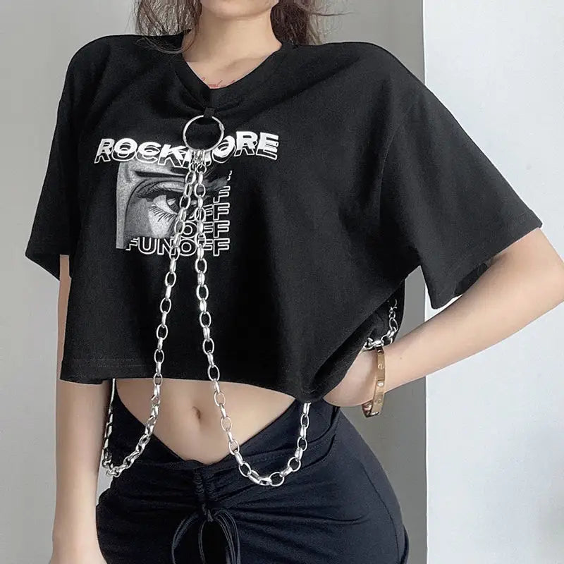 Hip-hop Black Tops with Chain Women Harajuke Loose Print T-shirt Female Streetwear O-neck Short Sleeved Cropped Top Dance 2025
