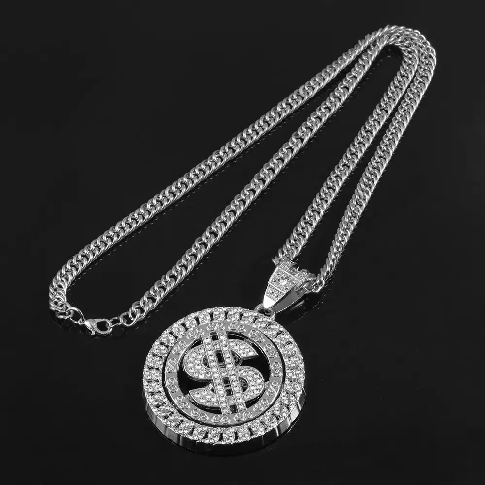 Hip Hop Rotatable US Dollar Pendant Necklace Men Gold Sliver Color Ice Out Crystal Sign Rock Pendant Bling Rapper Bling Jewerly