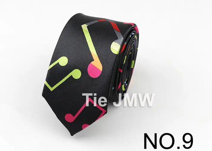 Classic Fashion Men’s Skinny Tie Colorful Musical Notes Printed Piano Guitar Polyester 5cm Width Necktie Party Gift Accessory