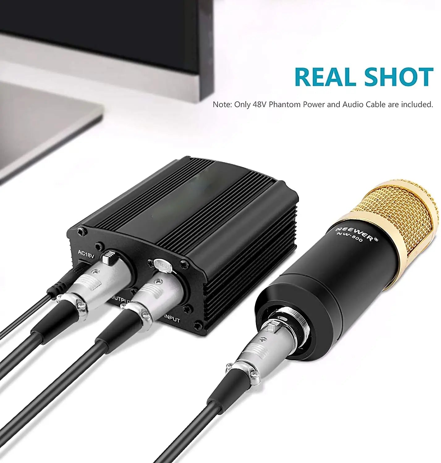 48V Phantom Power Supply with Adapter Bonus + XLR 3 Pin Microphone Cable for Any Condenser Microphone Music Recording Equipment
