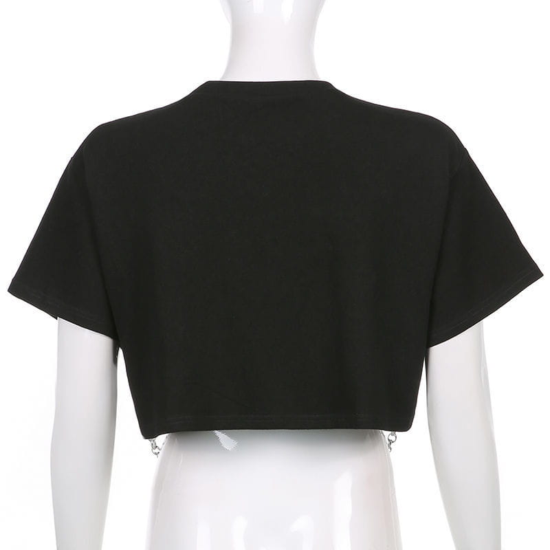 Hip-hop Black Tops with Chain Women Harajuke Loose Print T-shirt Female Streetwear O-neck Short Sleeved Cropped Top Dance 2025