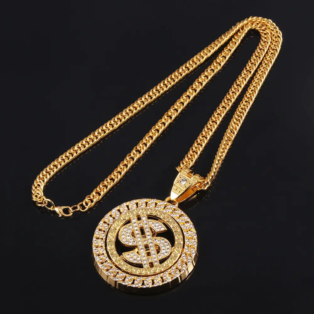 Hip Hop Rotatable US Dollar Pendant Necklace Men Gold Sliver Color Ice Out Crystal Sign Rock Pendant Bling Rapper Bling Jewerly