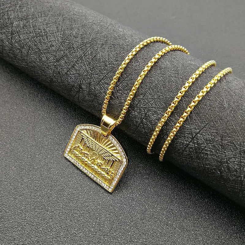 Hip Hop Bling Iced Out Rhinestones Stainless Steel The Last Supper Geometric Square Pendant Necklace for Men Rapper Jewelry