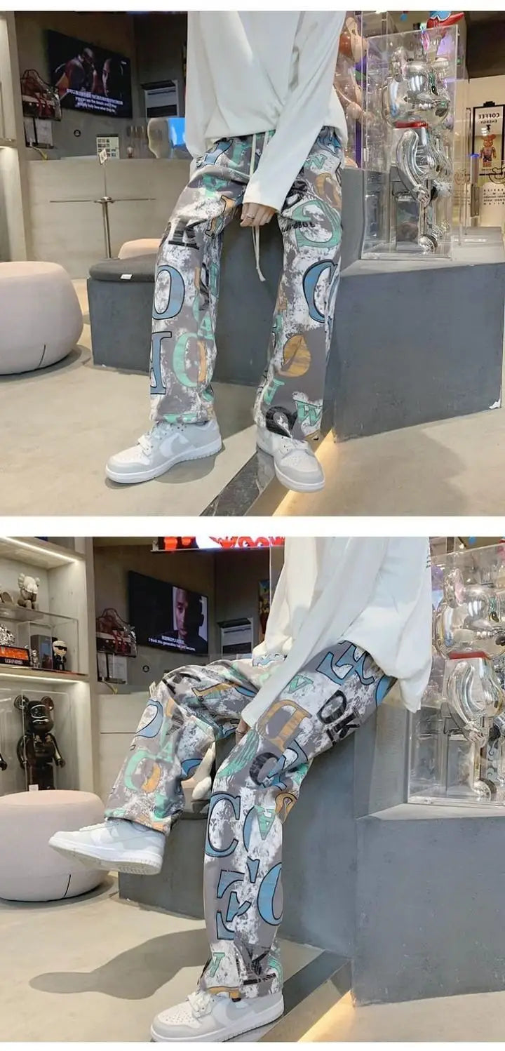 High Street Graffiti Tie-dye Pants Men Casual Loose Oversized Hip-hop Trousers Man American Straight Wide-leg Pants