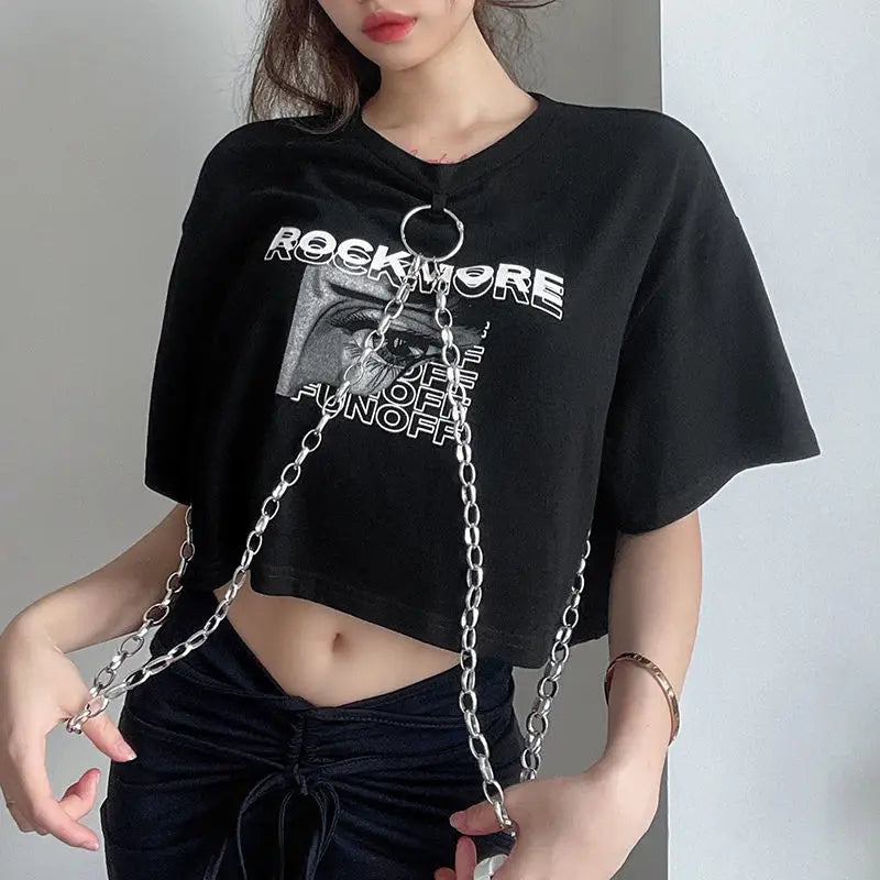 Hip-hop Black Tops with Chain Women Harajuke Loose Print T-shirt Female Streetwear O-neck Short Sleeved Cropped Top Dance 2025