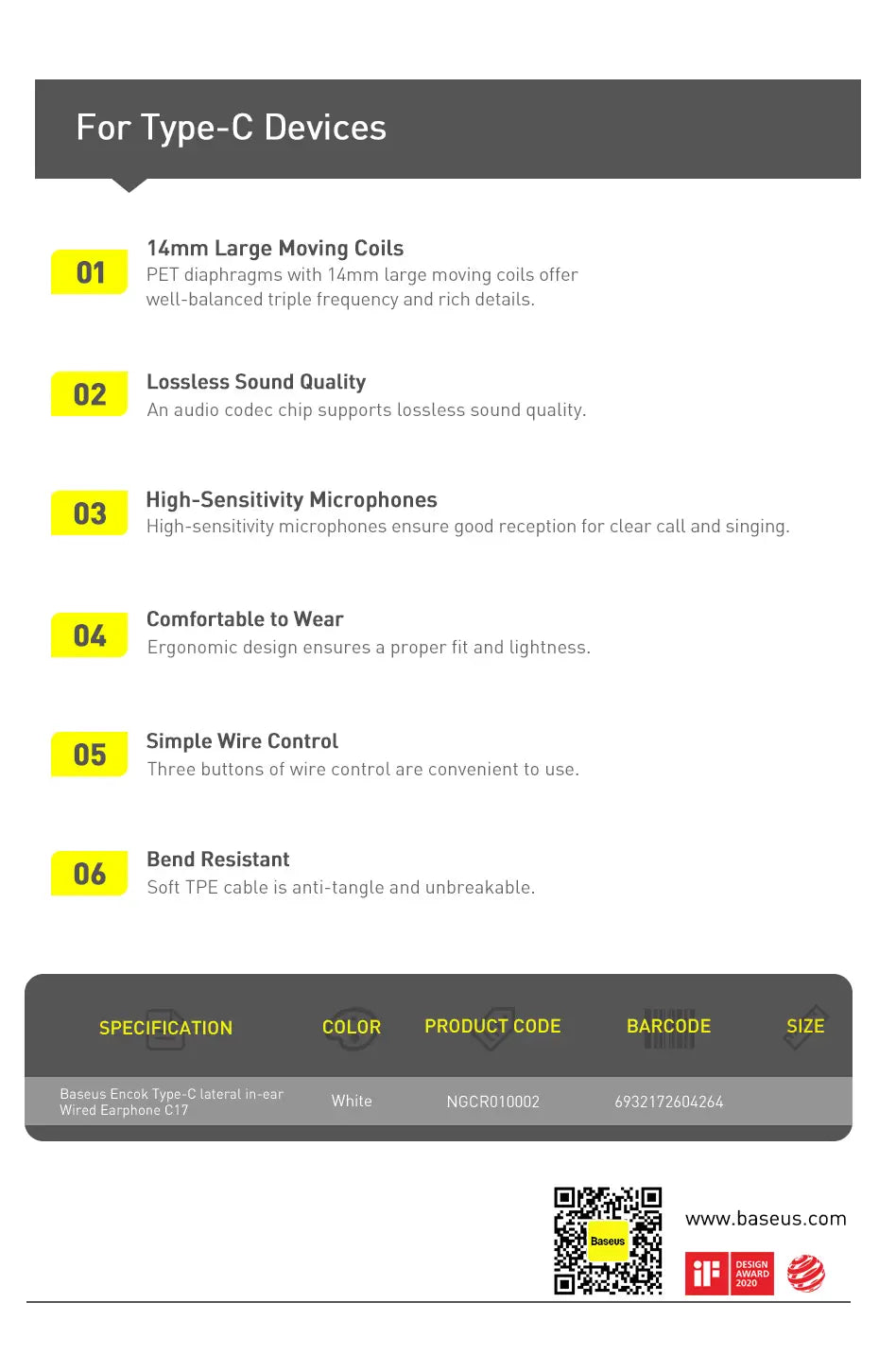 Baseus C17 Wired Earphone Type-C with Mic in-ear Wired Headphones For Xiaomi Samsung NOTE 10 NOTE 20 S21 S20 Cellphone Headsets