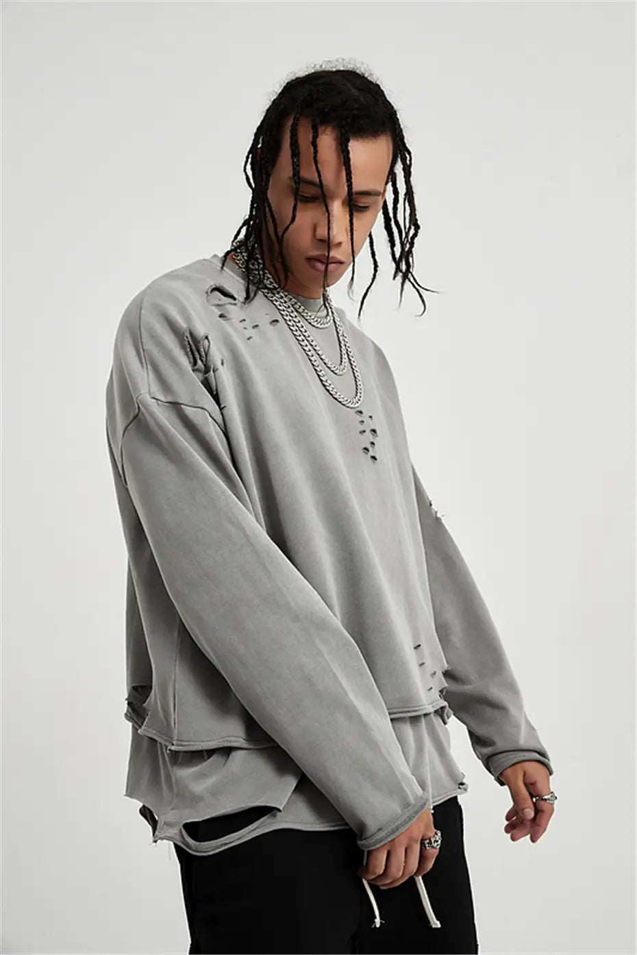 Hip Hop Streetwear Vintage Sweatshirt 2026 Autumn Creative Distressed Destroyed Ripped Holes Pullover Cotton Tops Loose