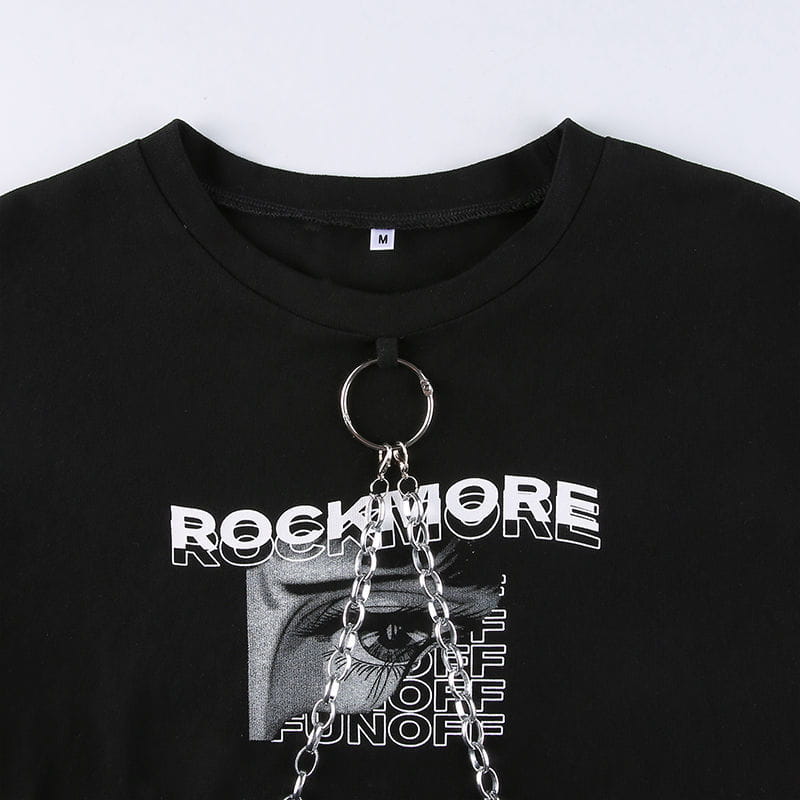 Hip-hop Black Tops with Chain Women Harajuke Loose Print T-shirt Female Streetwear O-neck Short Sleeved Cropped Top Dance 2025