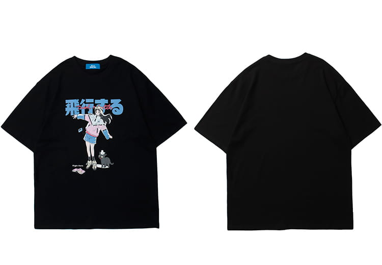 Hip Hop Cartoon Girl Cat Japanese Kanji Print T Shirt Streetwear Harajuku T-Shirt 2025 Men Summer Short Sleeve Tshirt Tops Tees