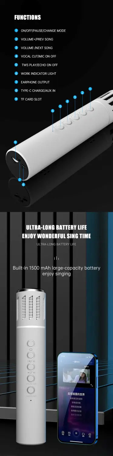 2 in 1 Karaoke Wireless Microphone Handheld Singing Mic With Bluetooth Speakers Portable Condenser for Phone Car Support TF Card