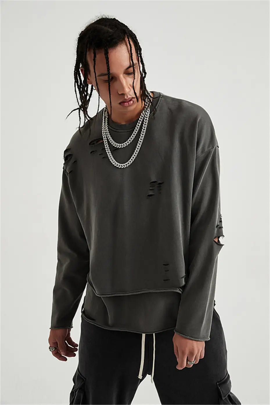 Hip Hop Streetwear Vintage Sweatshirt 2026 Autumn Creative Distressed Destroyed Ripped Holes Pullover Cotton Tops Loose