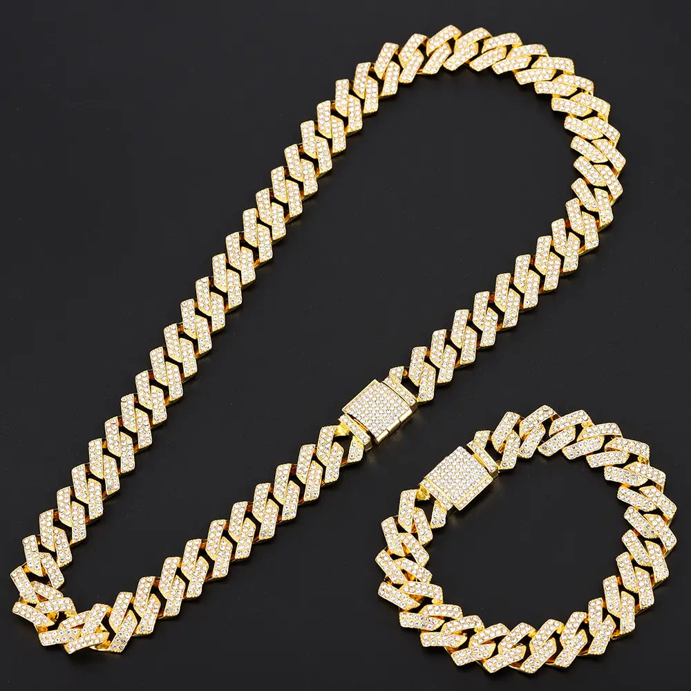Exquisite Necklace + Watch + Bracelet Hip Hop Rapper Cuban Chain Gold Color Iced Out Paved Rhinestone Men African Jewelry Set New