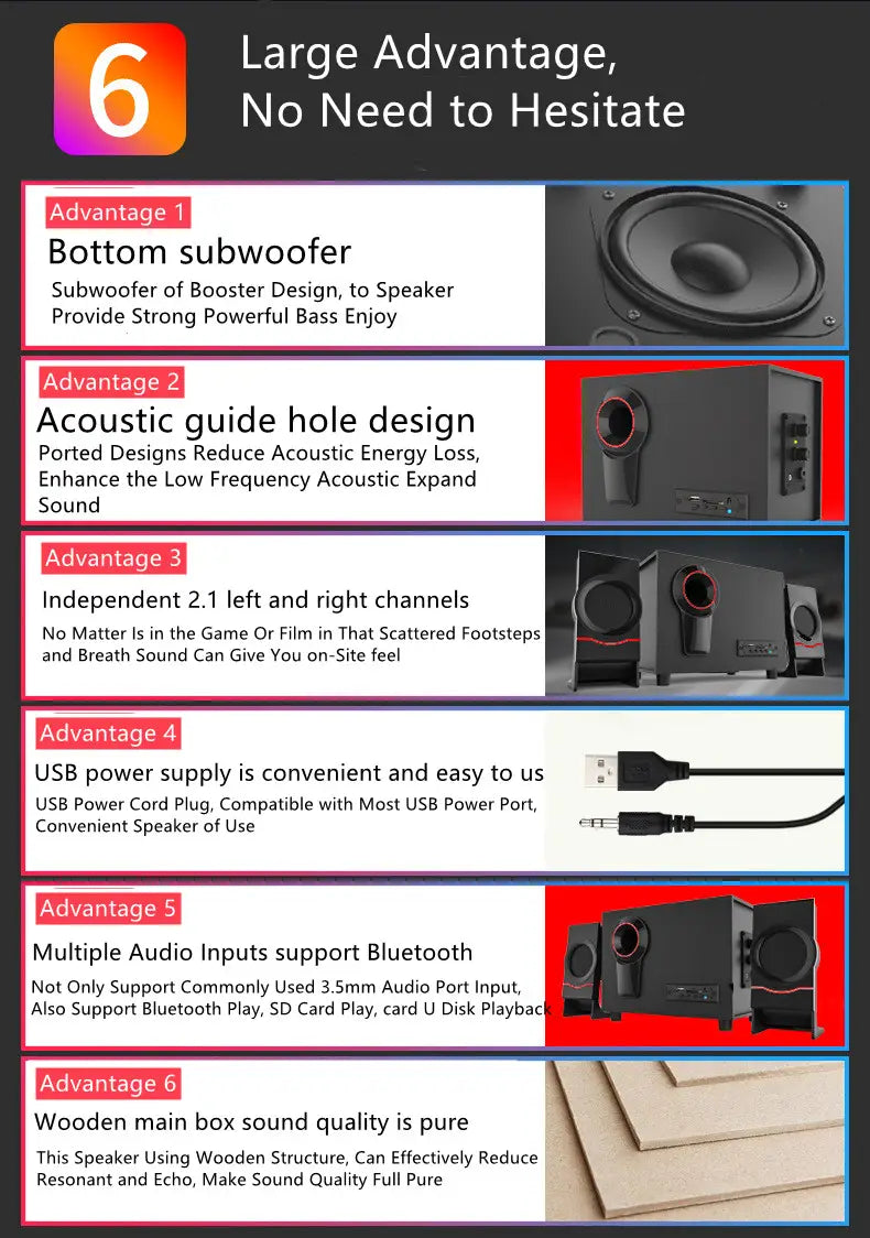 2.1 Multimedia Bluetooth Audio System Home Theater Surround Computer Active Combination Wooden Speaker AUX USB Cable Post TV PC