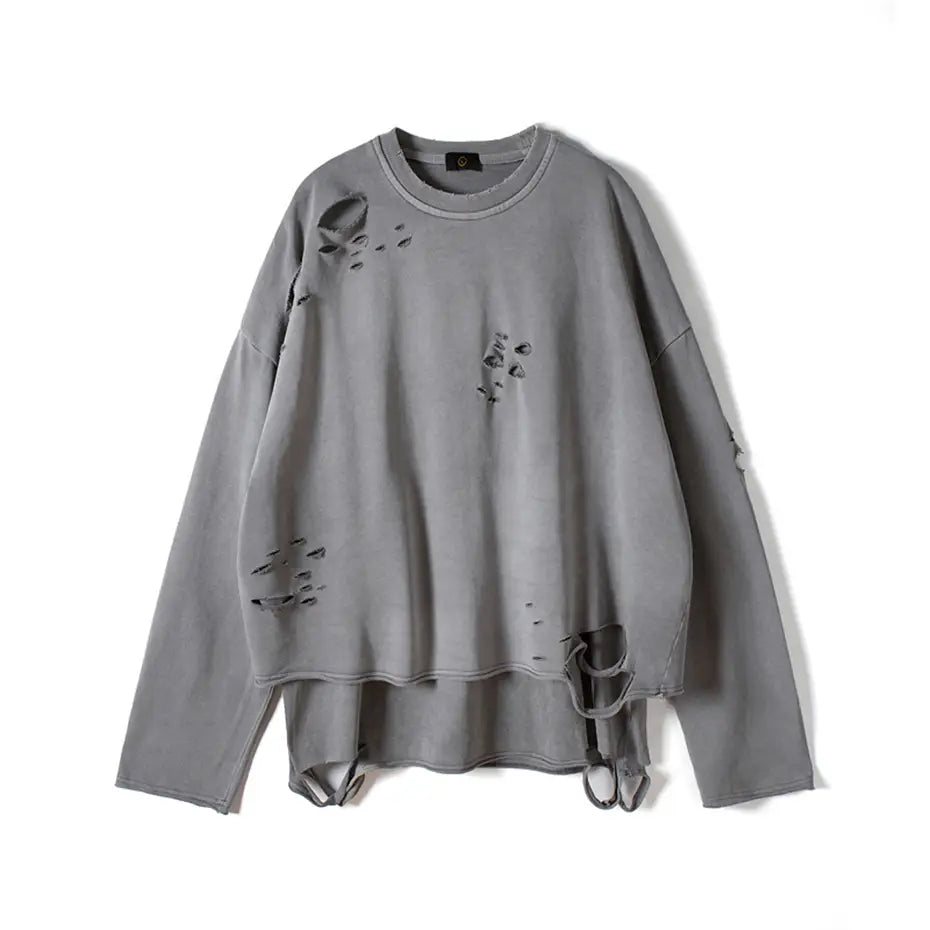 Hip Hop Streetwear Vintage Sweatshirt 2026 Autumn Creative Distressed Destroyed Ripped Holes Pullover Cotton Tops Loose