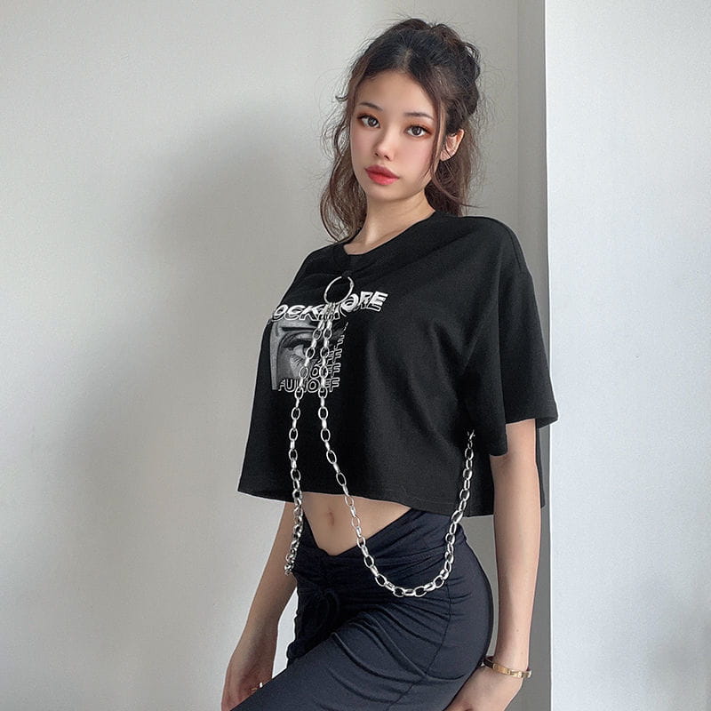 Hip-hop Black Tops with Chain Women Harajuke Loose Print T-shirt Female Streetwear O-neck Short Sleeved Cropped Top Dance 2025