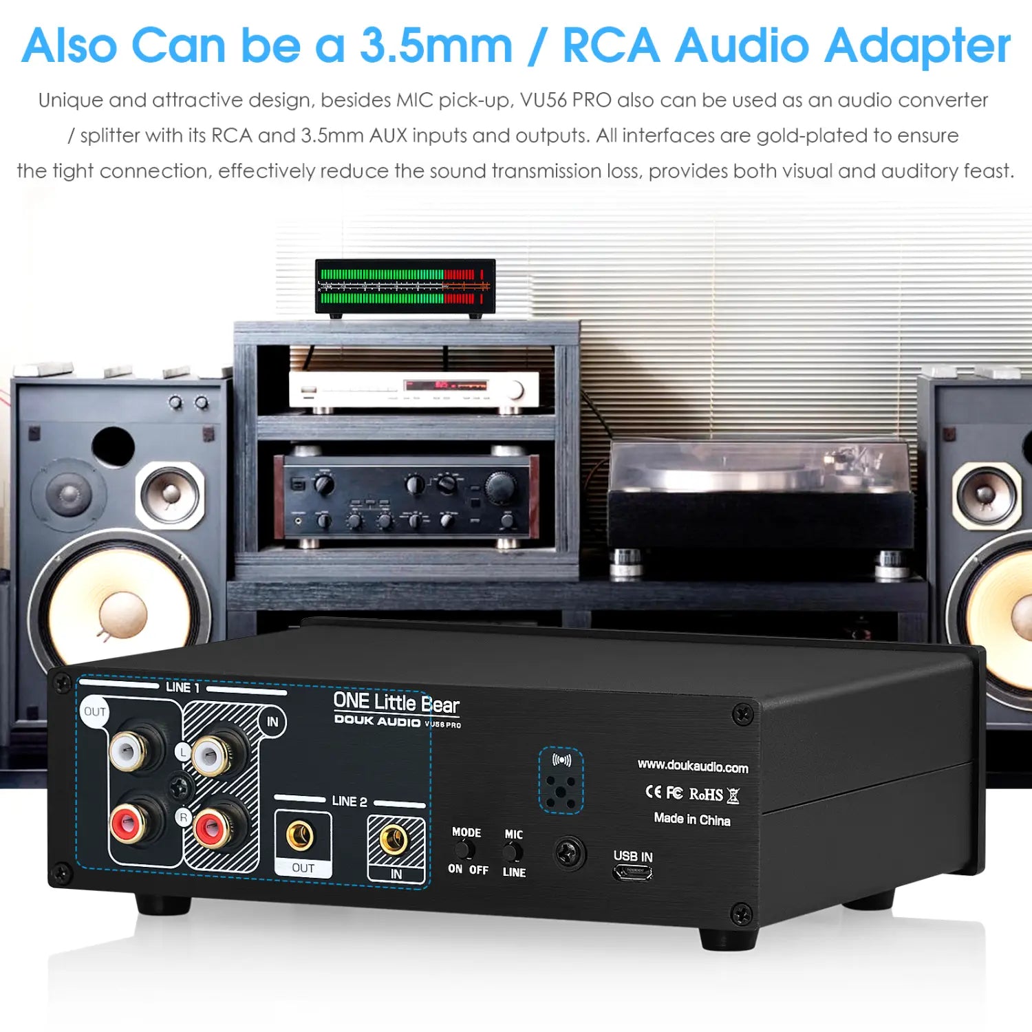 Douk Audio Dual Channel LED Sound Level Meter MIC + LINE Music Spectrum Visualizer Display Stereo Audio Splitter 3.5mm/RCA Adapter