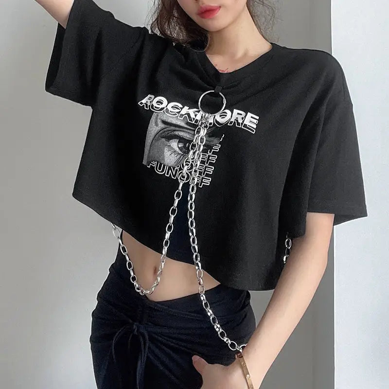 Hip-hop Black Tops with Chain Women Harajuke Loose Print T-shirt Female Streetwear O-neck Short Sleeved Cropped Top Dance 2025